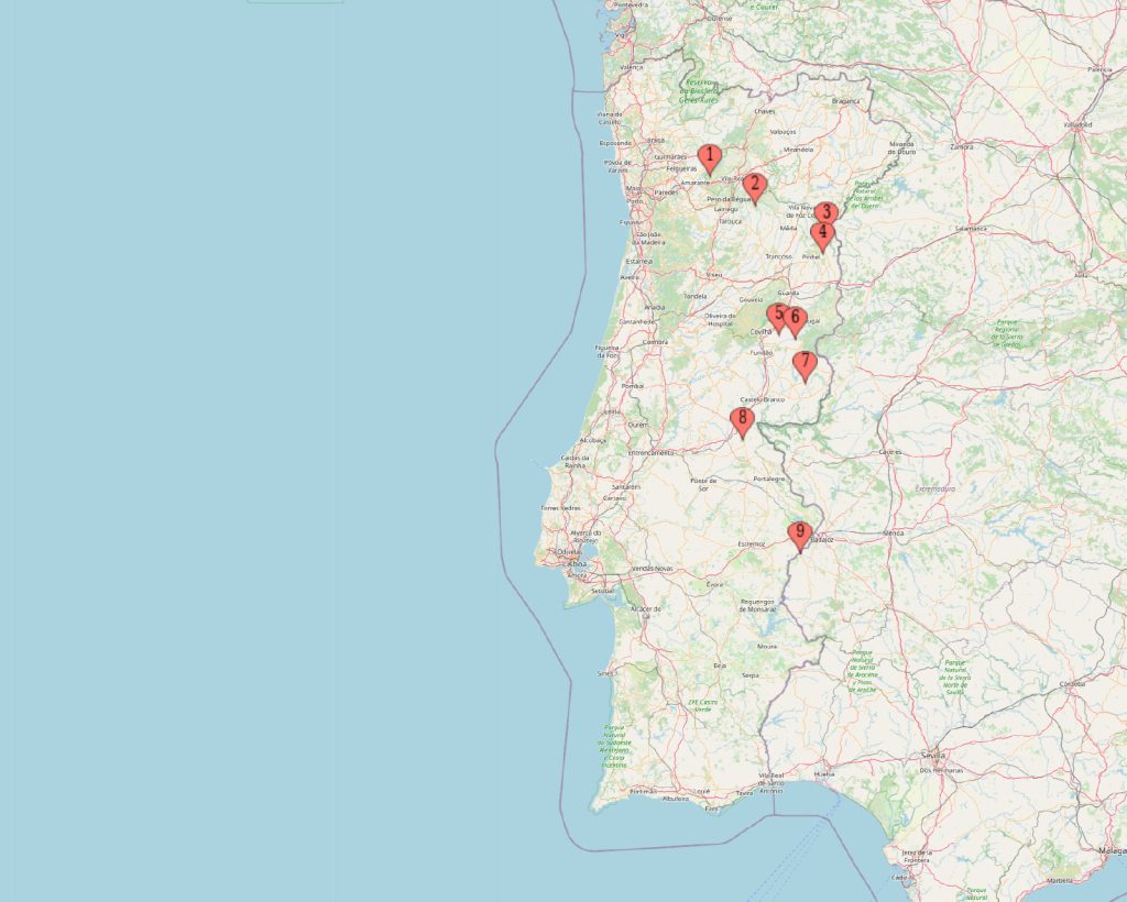 Map pointing 9 historic villages of Portugal
